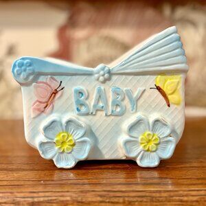 🍼 Vintage My-Neil Ceramic Baby Carriage Planter – Blue & White Nursery Decor